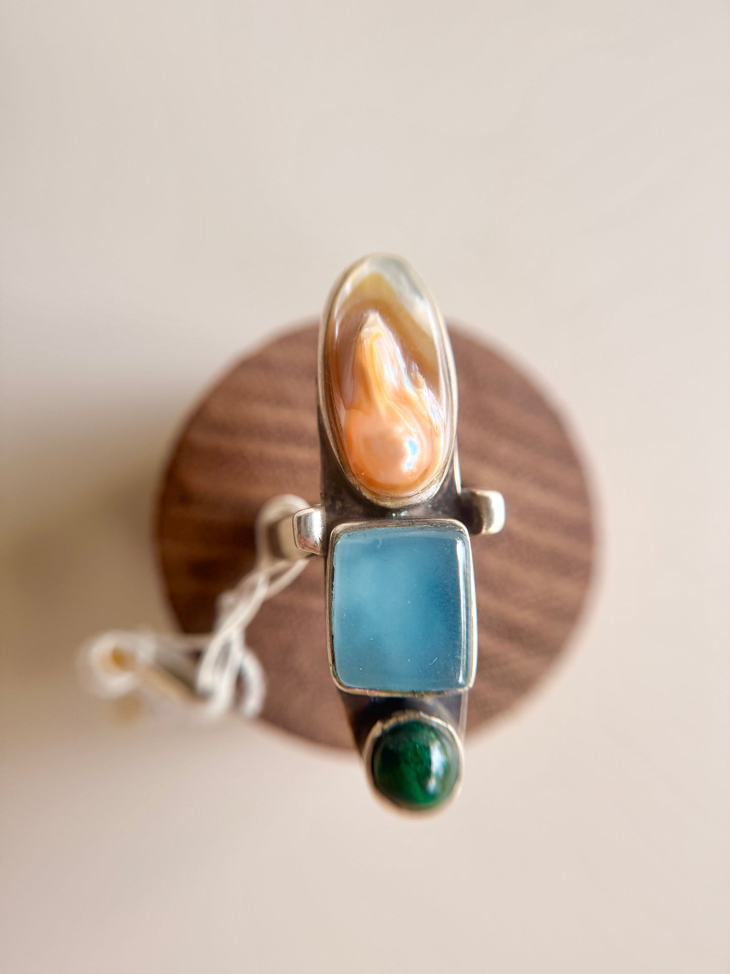Anillo de Plata 925 con Nácar-Malaquita y Calcedonia azul