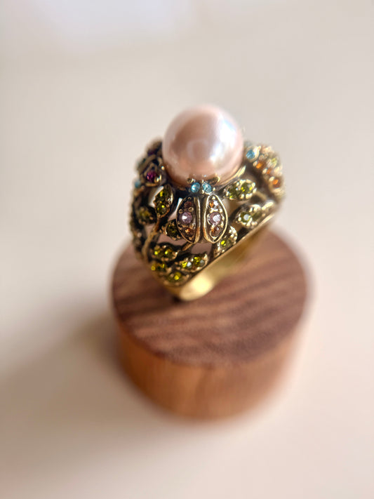 Anillo Vintage con Perla de Imitación y Cristales Multicolores-Heidi Daus