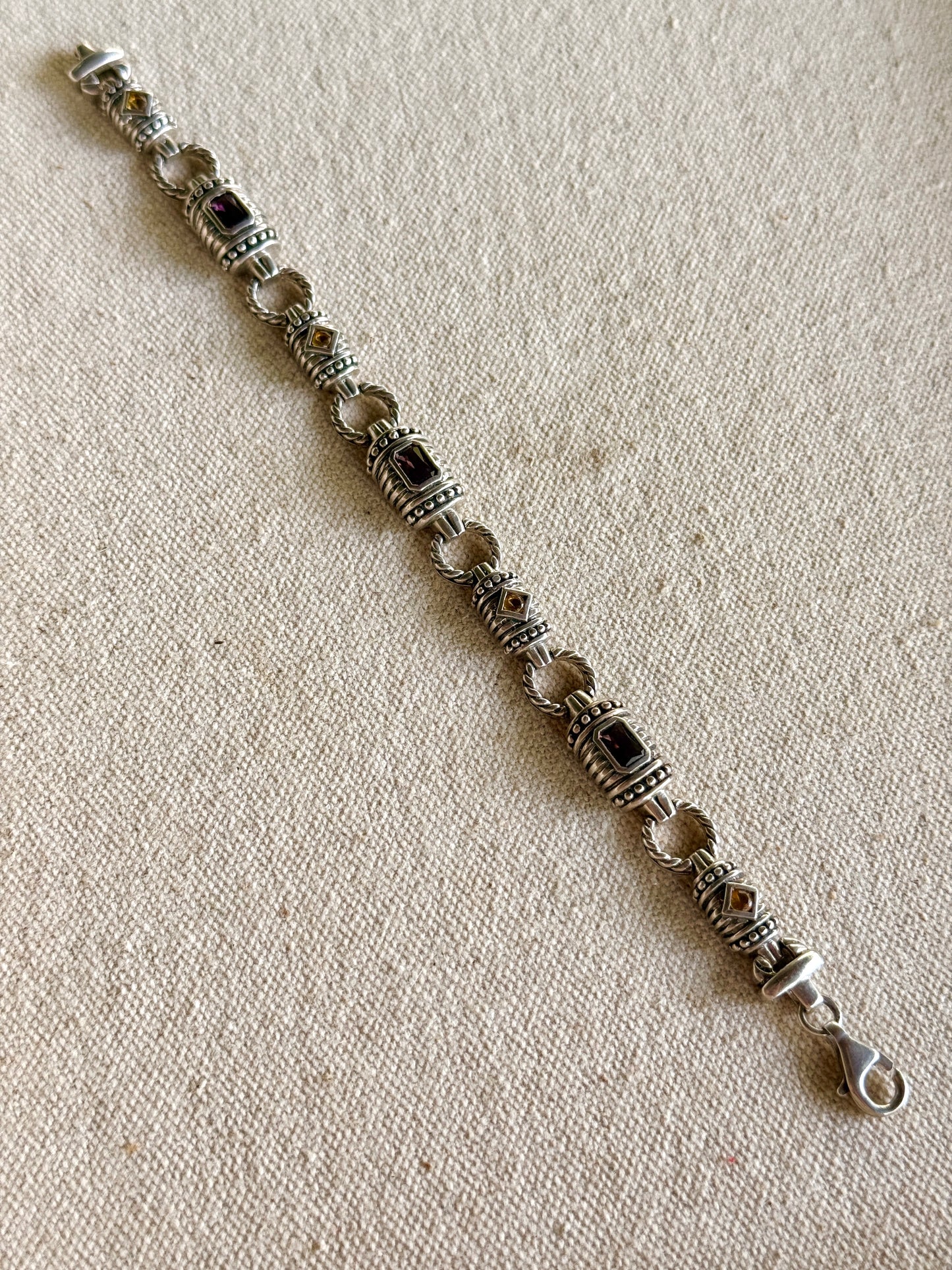 Pulsera de Plata con amatista, Citrino y Peridoto.
