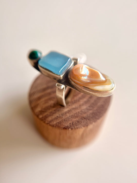 Anillo de Plata 925 con Nácar-Malaquita y Calcedonia azul