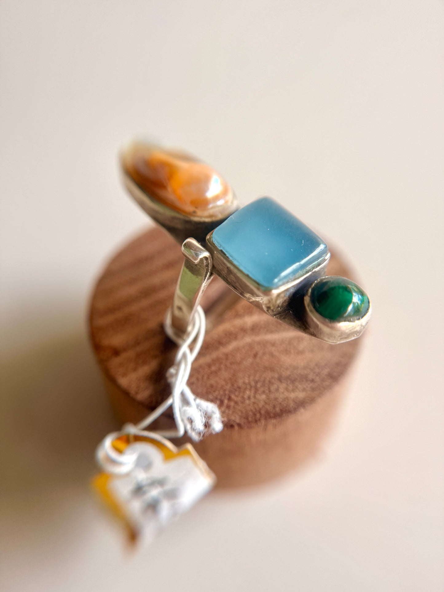 Anillo de Plata 925 con Nácar-Malaquita y Calcedonia azul