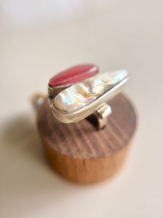 Anillo de Plata 925 con Nacar y Coral Rojo Mediterraneo