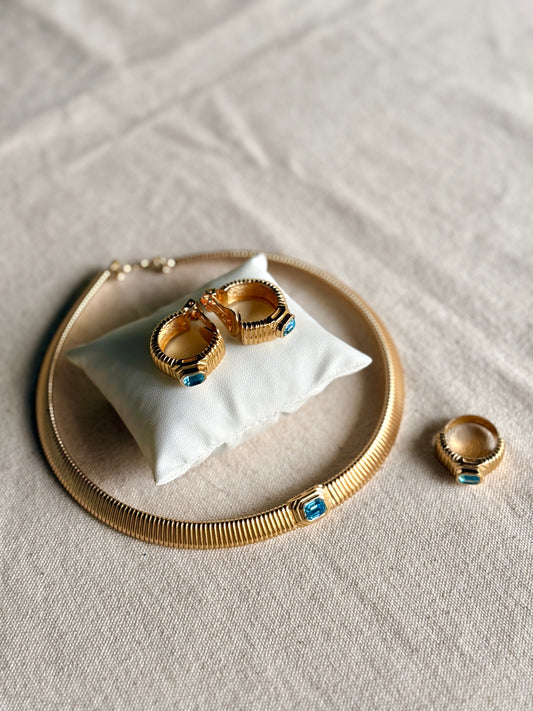 Set de Collar, Aretes de prensa y Anillo Vintage  Aquamarine - Christian Dior